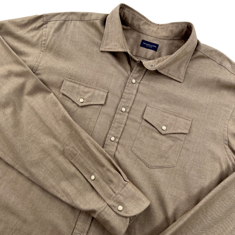 Proper Cloth Western Pearl Snap Shirt Men XXL Brown Cotton Custom Made 19.5x41.8